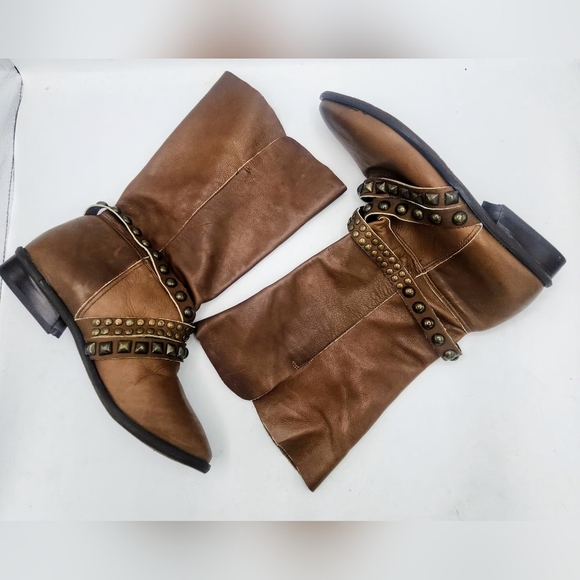 Matisse Brown Cognac Fold Foldable Slip-On Studs Strap Mid-Calf Boot Size 7.5 M - Picture 6 of 16